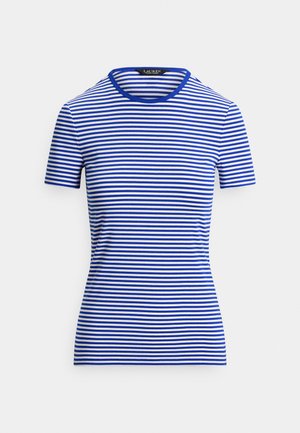 T-shirt às riscas com riscas horizontais azuis e brancas, decote redondo, mangas curtas, feito de tecido de algodão macio. Corte e design clássicos.