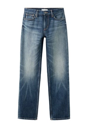 Niebieskie jeansy typu straight-leg z denimu z efektem wyblaknięcia, z pięcioma kieszeniami, zapięcie na guzik i zamek błyskawiczny, pokazane rozłożone na białym tle.