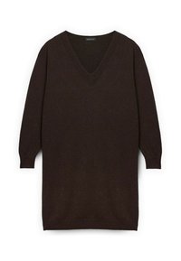 Vestito maglione marrone scuro lavorato a maglia con scollatura a V, maniche lunghe e polsini e orlo a coste. Texture liscia, design casual.
