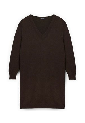 Vestito maglione marrone scuro lavorato a maglia con scollatura a V, maniche lunghe e polsini e orlo a coste. Texture liscia, design casual.