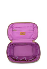 Gevoerde cosmetica tas met een gouden buitenkant en een roze binnenkant. Beschikt over een ritsvak en een gaassectie, ontworpen voor organisatie en opslag.