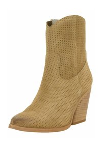 Bottine en daim marron clair avec design perforé, talon bloc en bois empilé et bout légèrement arrondi.