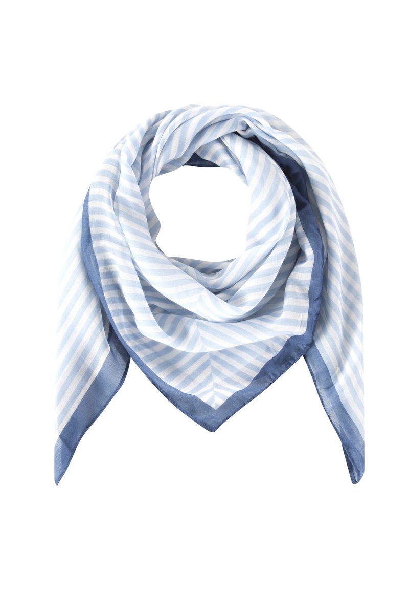 Foulard carré rayé bleu clair et blanc avec une bordure bleu foncé, plié en forme de triangle de manière lâche.