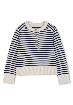 Kinderpullover in Marineblau und Weiß mit horizontalen Streifen, gerippten Bündchen und Saum, rundem Ausschnitt und vier goldfarbenen Knöpfen vorne.
