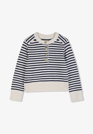Child's navy and white horizontal striped sweater with ribbed cuffs and hem, round neck, and four gold buttons down the front.
