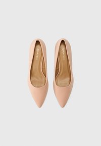 Nude spiss-tå pumps laget av glatt syntetisk materiale med blank finish. Innvendig har de en tan fotseng med preget merke.