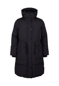 Zwarte pufferjack met een capuchon, knoopsluiting, drawstring taille en twee voorzakken. Heeft een geborduurde textuur en een middellange pasvorm.