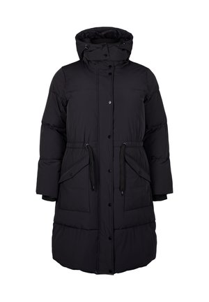 Zwarte pufferjack met een capuchon, knoopsluiting, drawstring taille en twee voorzakken. Heeft een geborduurde textuur en een middellange pasvorm.