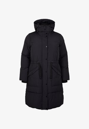 Musthave musta puff-jakk, millel on kapuuts, nööbid, paelaga vöökoht ja kaks esipoolset taskut. Omab tepitud tekstuuri ja keskmise pikkusega disaini.