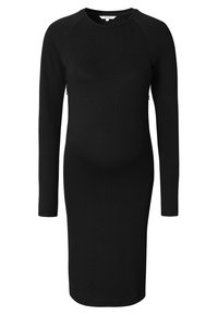 Schwarzes Langarmkleid aus dehnbarem Stoff mit figurbetonender Silhouette, seitlichen Reißverschlüssen und rundem Halsausschnitt.