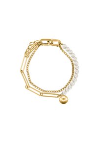 Bracelet doré comprenant un mélange de maillons de chaîne lisses et de perles blanches, avec une perle d'accent ronde en or et une fermeture sécurisée.