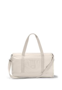Beige Reisetasche aus strukturiertem Stoff. Besitzt eine rechteckige Form, zwei obere Griffe und einen abnehmbaren Schultergurt. Etikett auf der Vorderseite.