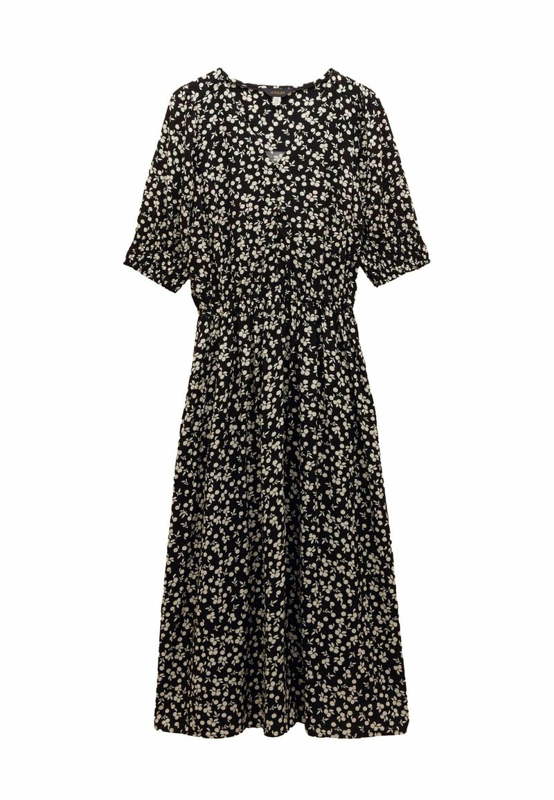 Schwarzes Blumenkleid mit kurzen Ärmeln, elastischem Bund und Midi-Länge. Verfügt über kleine weiße Blattmuster auf einem strukturierten Stoff.