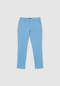Pantaloni su misura azzurri chiari realizzati in tessuto morbido, con tasche laterali e cuciture aerodinamiche. Design a vita piatta, vestibilità slim.