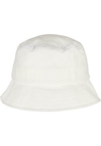 White cotton bucket hat with a soft, textured finish and a wide, downward-sloping brim. Includes subtle stitching details.