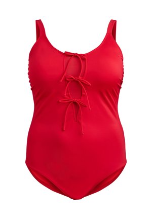 Czerwony jednoczęściowy kostium kąpielowy z regulowanymi wiązaniami z przodu, szerokimi ramiączkami i gładką, elastyczną teksturą.