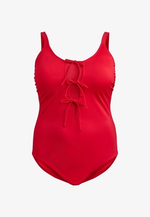 Sarkans viengabalains peldkostīms ar regulējamu saišu detalizāciju priekšā, platām plecu siksnām un gludu, elastīgu tekstūru.