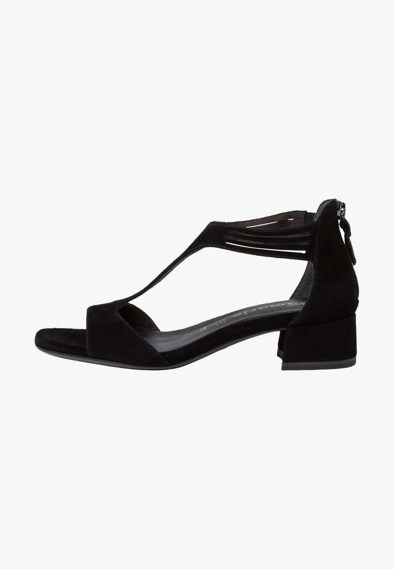 Sandale en suède noir à bout ouvert, talon bloc bas, design à bride en T et fermeture éclair à l'arrière.
