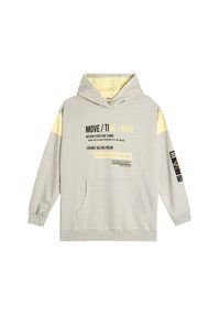 Lichtgrijze hoodie met een voorvak, gele accentstrepen en grafische tekst. Beschikt over een capuchon met trekkoord en geribbelde manchetten.