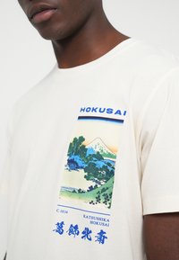 Kremfarget bomull T-skjorte med et fargerikt grafisk trykk av Mount Fuji og vegetasjon, med "Hokusai" i fet blå skrift.