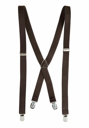 Braune elastische Hosenträger mit einem gewebten Muster, ausgestattet mit silbernen Metallclips und einem dreieckigen Verbindungselement in der Mitte.