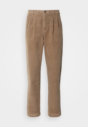 Brown corduroy trousers with a high-waisted design, featuring front pleats, a button closure, and straight legs. Textured fabric is visible.