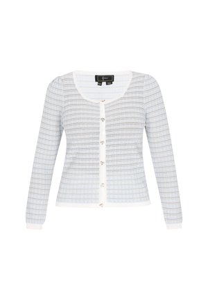 Hele sinine ja valge kudum, millel on pikad varrukad, ümmargune kaelus ja südamekujulised nupud. Tekstuuriga muster üle kogu. 