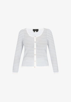 Svetlomodrý a biely pletený sveter s dlhými rukávmi, okrúhlym výstrihom a gombíkmi v tvare srdca. Textúrovaný vzor po celom povrchu.