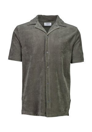 Korte mouwen overhemd in olijfgroen, gemaakt van zachte stof. Heeft een uitgesneden kraag en vijf knopen aan de voorkant. Glad textuur, casual pasvorm.