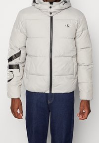 Giacca puffer grigia chiara con zip frontale, cappuccio e dettagli neri. Presenta un logo sul maniche e una texture trapuntata.