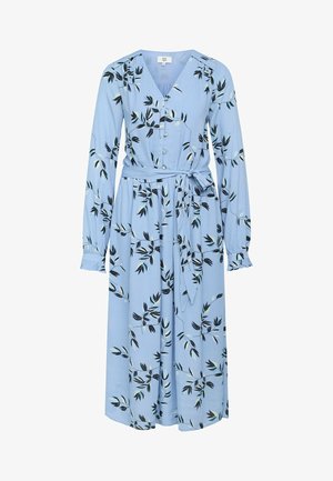 Svijetloplava haljina dugih rukava s V-izrezom, prednjim gumbima, vezanjem u struku te uzorkom crnog i zelenog lišća. Mekani materijal s teksturiranim rukavima.