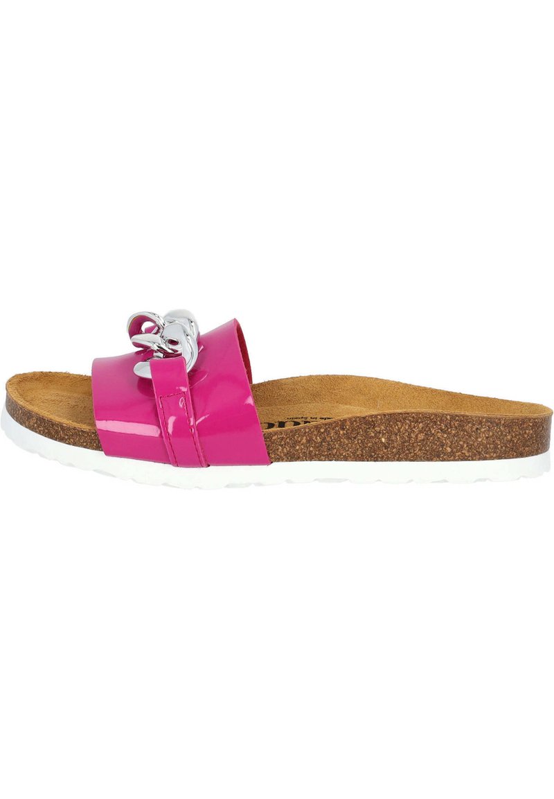 Sandalo a slides in vernice rosa con dettagli in catena argentata, suola in sughero, suola bianca e superficie liscia. Design open-toe per una facile calzata.