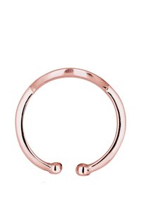 Roségoldenes Metallarmband mit offenem Design, das glatte Kanten und abgerundete Enden aufweist und einen minimalistischen Stil kreiert.