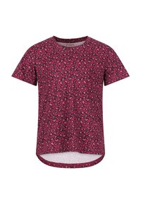 Kortærmet T-shirt i pink stof med hjerte-m�ønster design, rund halsudskæring og en let længere bagsøm.