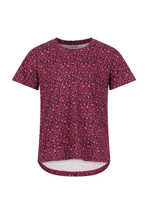 Kortærmet T-shirt i pink stof med hjerte-mønster design, rund halsudskæring og en let længere bagsøm.