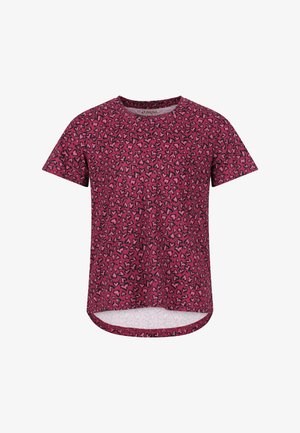 Kortærmet T-shirt i pink stof med hjerte-mønster design, rund halsudskæring og en let længere bagsøm.