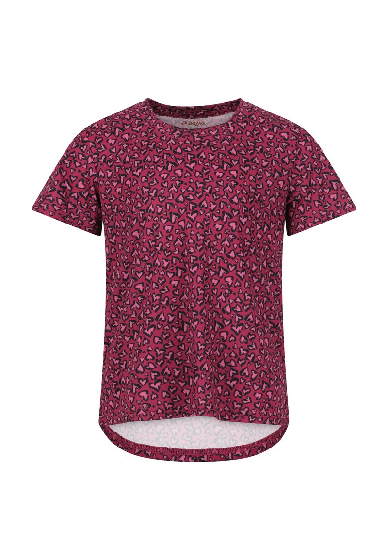 Kortærmet T-shirt i pink stof med hjerte-mønster design, rund halsudskæring og en let længere bagsøm.