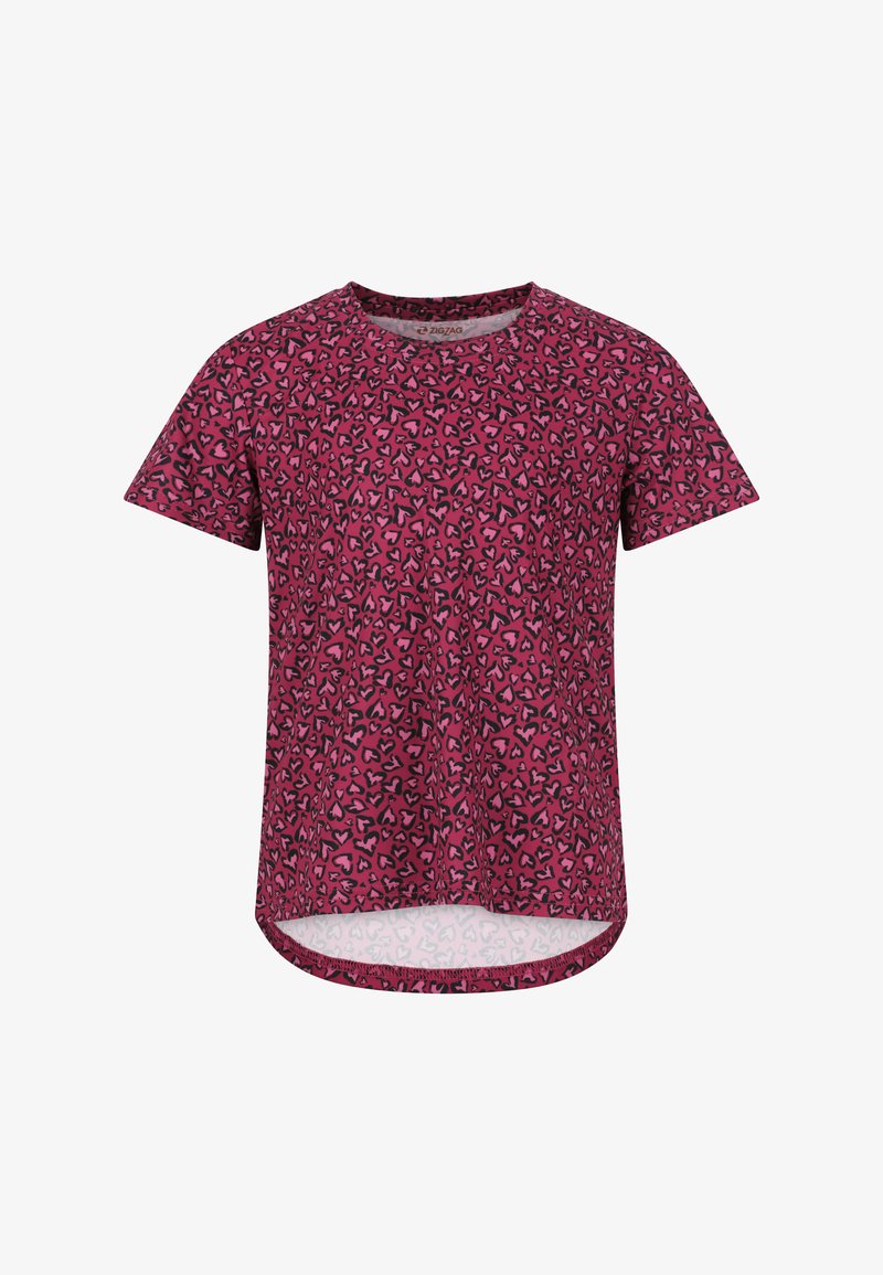 Kortærmet T-shirt i pink stof med hjerte-mønster design, rund halsudskæring og en let længere bagsøm.