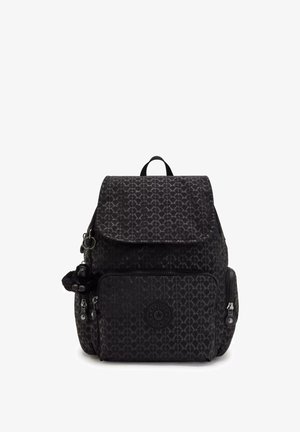 Black backpack with a textured pattern, zippered compartments, a prominent logo, and a decorative charm on the side. Adjustable straps.