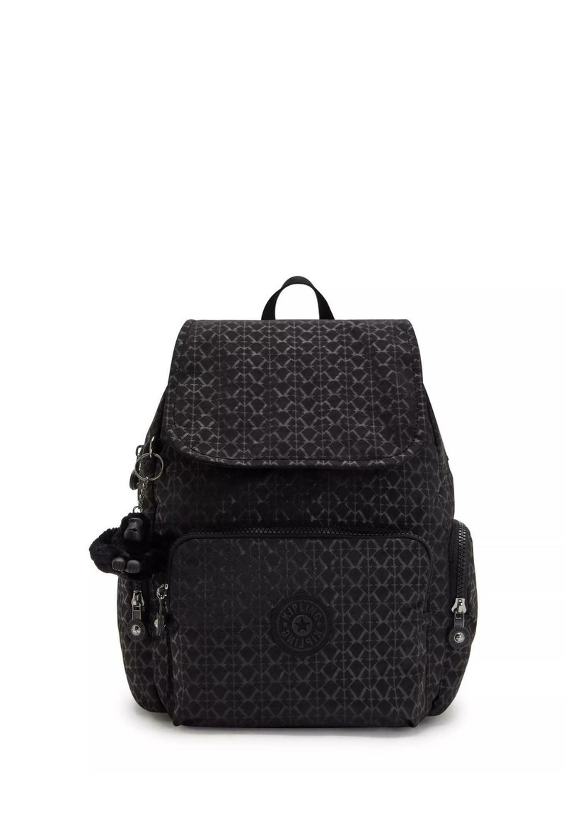 Black backpack with a textured pattern, zippered compartments, a prominent logo, and a decorative charm on the side. Adjustable straps.
