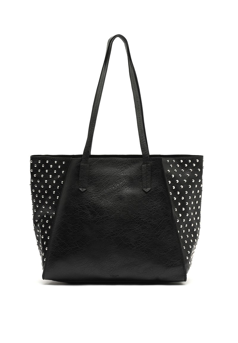 Sac fourre-tout noir avec des côtés cloutés, en matière de cuir synthétique texturé, deux poignées et une grande ouverture.