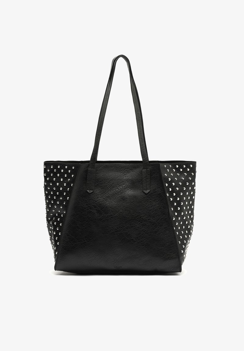 Must kand, millel on nurgas nupud, tekstuuriga kunstnahk, kaks õlavarre rihma ja avar avamine.