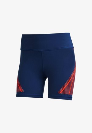 Navy athletic shorts made from stretchy material, featuring a high waistband and red diagonal stripe pattern on one side.