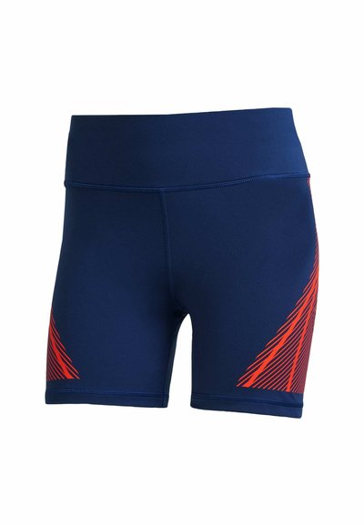 Navy athletic shorts made from stretchy material, featuring a high waistband and red diagonal stripe pattern on one side.