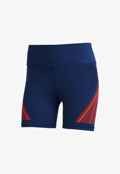 Navy athletic shorts made from stretchy material, featuring a high waistband and red diagonal stripe pattern on one side.