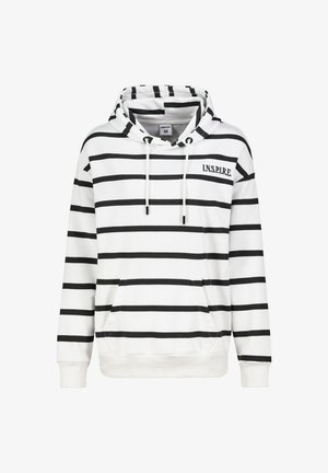 White hoodie with black horizontal stripes, drawstrings, and a front pocket. Features "INSPIRE" embroidered on the left chest area.