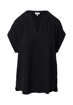 Schwarzes Kurzarmoberteil mit V-Ausschnitt, aus strukturiertem Stoff. Lockere Passform mit seitlichen Schlitzen, schlichtes Design und minimale Details.