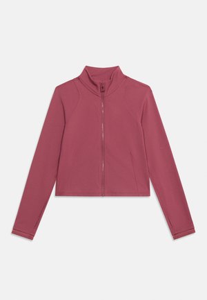 Veste mauve à manches longues avec fermeture éclair, col haut, coupe ajustée et trous pour les pouces sur les manches, posée à plat sur fond blanc.