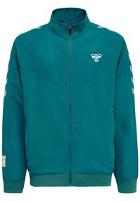 Veste zippée en teal avec un col montant, des poignets et un ourlet côtelés. Présente un logo sur la poitrine et des motifs rayés sur les épaules. Tissu lisse.