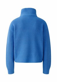 Gekürzter blauer Pullover mit hohem Kragen, gerippter Textur und langen Ärmeln. Verfügt über Fall-Schultern und einen taillierten Saum.